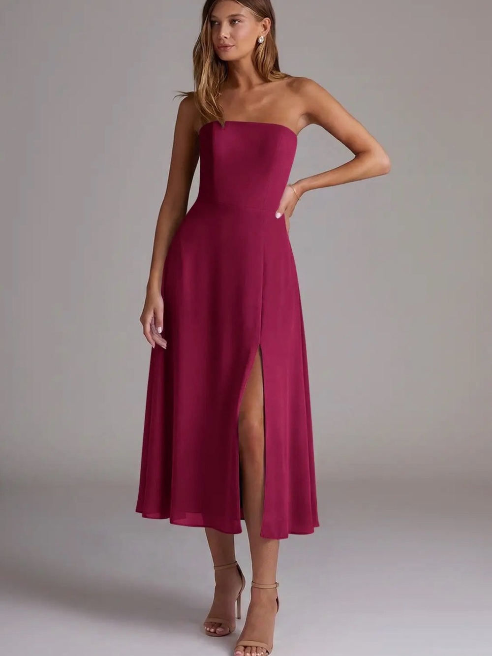 Azazie Strapless Midi Dress in Burgundy with Side Slit (wren)